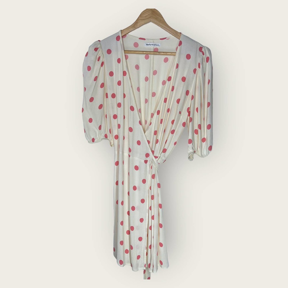 Reformation Cream Mini Wrap Dress with Pink Polka Dots